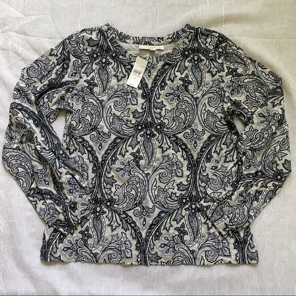 Loft Women's Size Small Black Gray Paisley Long Sleeve Blouse Shirt Top NWT $54 - Picture 1 of 3